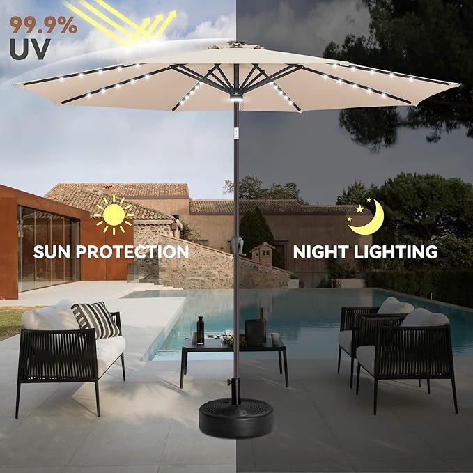 11FT Solar Umbrella Outdoor - Lighted Solar Patio Umbrella with 40 LED Lights Waterproof UV Protection, Table Umbrella with Tilt for Pool, Porch, Garden, Deck, Backyard - Beige
