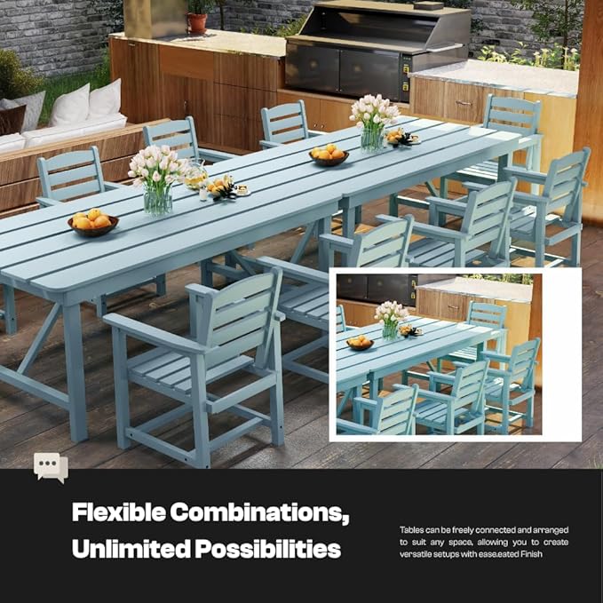 Outdoor HDPE Dining Set 7 Pieces, Patio Table with Umbrella Hole and 6 Chairs, All Weather Patio Furniture for Lawn, Garden, Backyard, Deck, Poolside, Outdoor Dining Table and Chairs, Aruba Blue