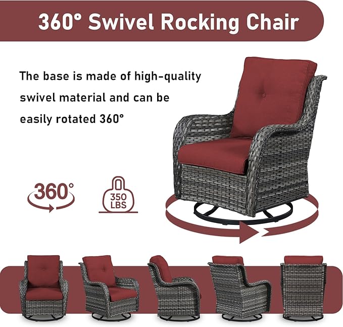 Outdoor Swivel Rocker Patio Chairs-Wicker Patio Swivel Chairs Set of 2 PE Rattan Patio Furniture for Porch Deck Balcony Garden-Grey/Red