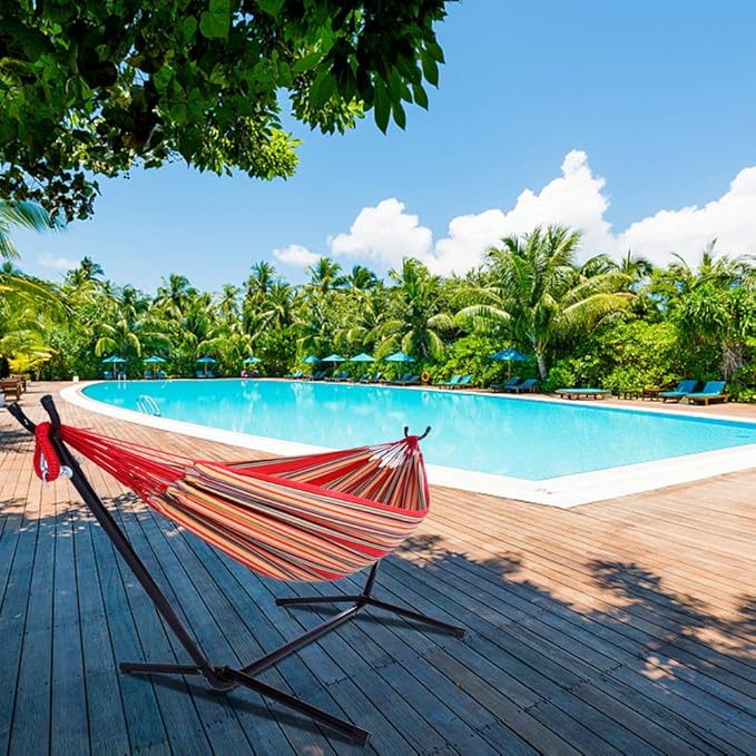 Portable Outdoor Polyester Hammocks Set,Professional Hammock Stand,Outdoor Patio Hammocks,Indoor Swing Hammock Chair Set,with Carry Bag,for Outside Patio Porch Beach Backyard (Red Stripe)