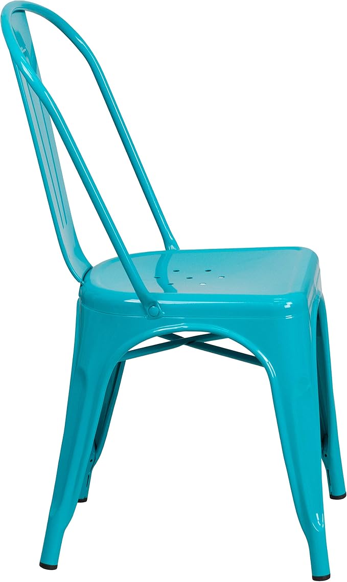 EMMA + OLIVER Commercial Square Crystal Teal-Blue Metal Indoor-Outdoor Set-4 Stack Chairs