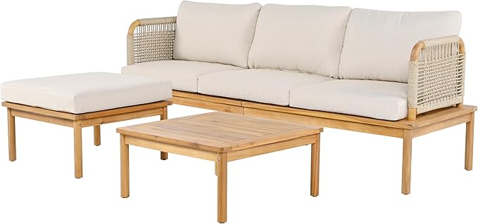 Merax Outdoor 3-Piece Acacia Wood & Rope Patio Sofa Set with Ottoman and Table, Water-Repellent Cushions, for Garden & Patio