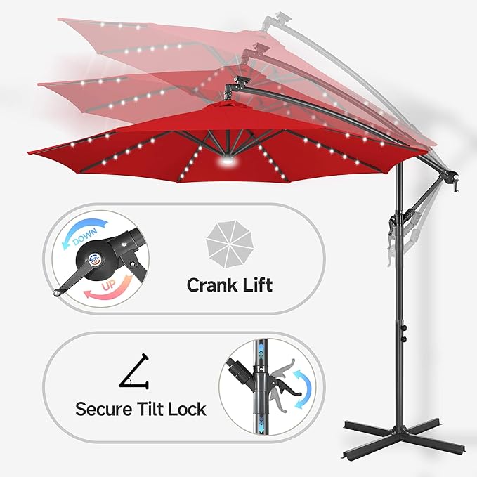 Solar Offset Patio Umbrella - 10 FT Solar Cantilever Umbrella Outdoor with 40 LED Lights and Cross Base, UV Protection for Garden, Deck, Backyard, Pool, Porch, Red