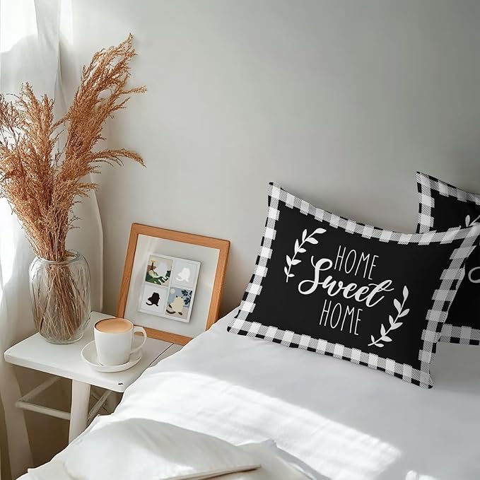 Home Sweet Home Waterproof Outdoor Pillow Covers Set of 2 Home Decor, Leaves Black Buffalo Plaid Lumbar Pillowcase Patio Pillow Covers for Couch Bench Patio Furniture Garden 20x12in