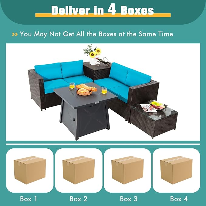 Tangkula 5 Piece Patio Furniture Set with 50,000 BTU Propane Fire Pit Table, Outdoor Wicker Conversation Set w/Cushions, Storage Box and Tempered Glass Coffee Table, 30" Gas Fire Pit Table (Turquoise)