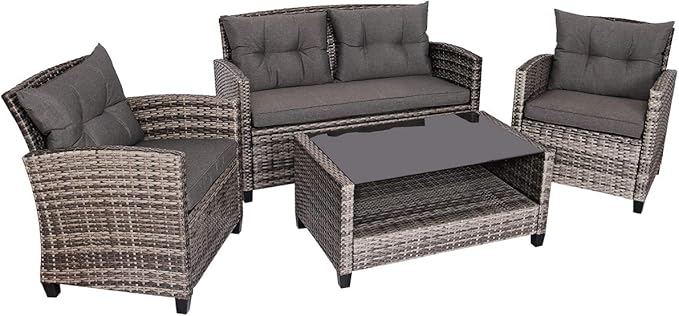 Tangkula 8 PCS Patio Wicker Conversation Furniture Set, Outdoor Rattan Sofa Set with Padded Cushion & Tempered Glass Coffee Table, Wicker Sectional Sofas & Table for Courtyard Balcony Garden (2, Grey)