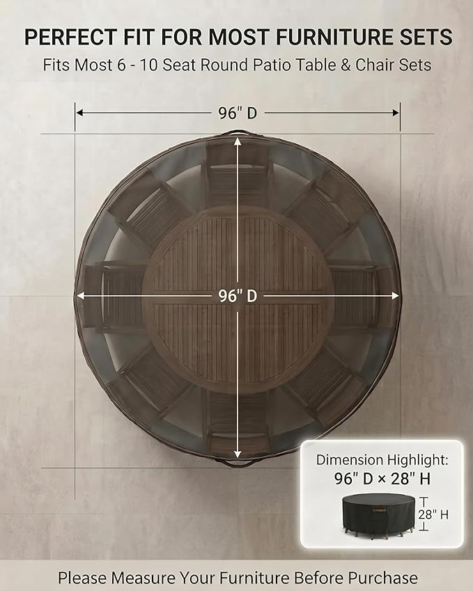 Round Outdoor Patio Furniture Cover, Heavy Duty 600D Waterproof Cover for Table & Chair Set or Sofa Set Covers, Windproof,UV Resistant, All-Season for Backyard,Deck,Garden,96" L x 96" W x 28" H,Black