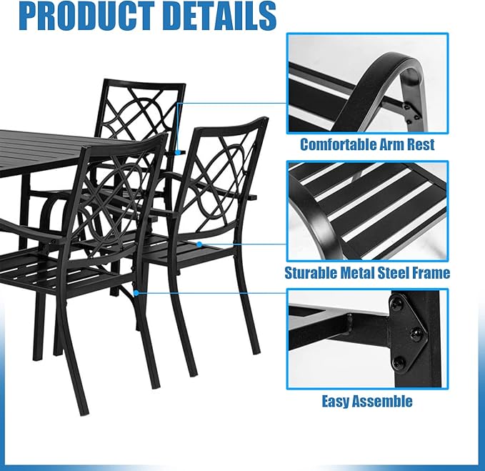 Crownland 5 Piece Outdoor Dining Set, Patio Metal Dining Sets, 4 Stackable Metal Chairs and Square Outdoor Dining Table with Sky Blue 9FT Round Outdoor Umbrella, for Backyard, Garden (Classic Black)