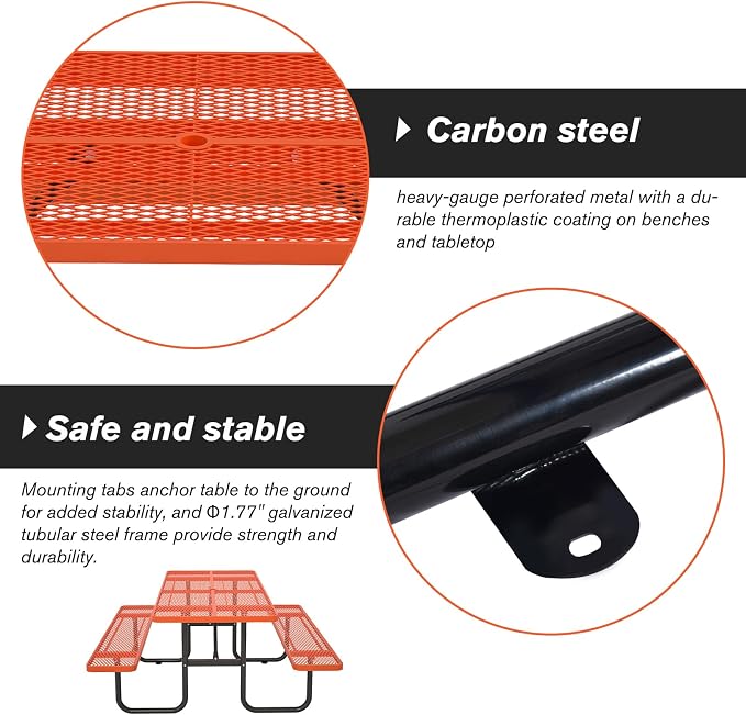 72'' Rectangular Steel Picnic Table for Outdoors,Commercial Metal Picnic Table with Umbrella Hole,Heavy Duty Sturdy Picnic Tables Furniture Set for Patio Garden Courtyard BBQ,Orange