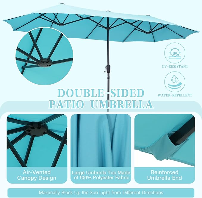 13 ft Patio Umbrella, Large Rectangle Outdoor Umbrella with Strap, Crank, Blue