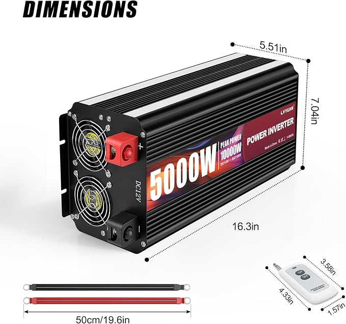 LVYUAN 5000 Watt Power Inverter 12V to 110V 120V with 4 AC Outlets, LCD Display, Wireless Remote Control for Vehicle, Solar System, Heavy Duty, RV, Truck, Off Grid, Camping