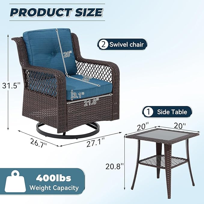 3 Pieces Patio Swivel Chairs, Wicker Patio Conversation Sets with Rocking Chair, Side Table for Outdoor Garden Porch Backyard(Blue)