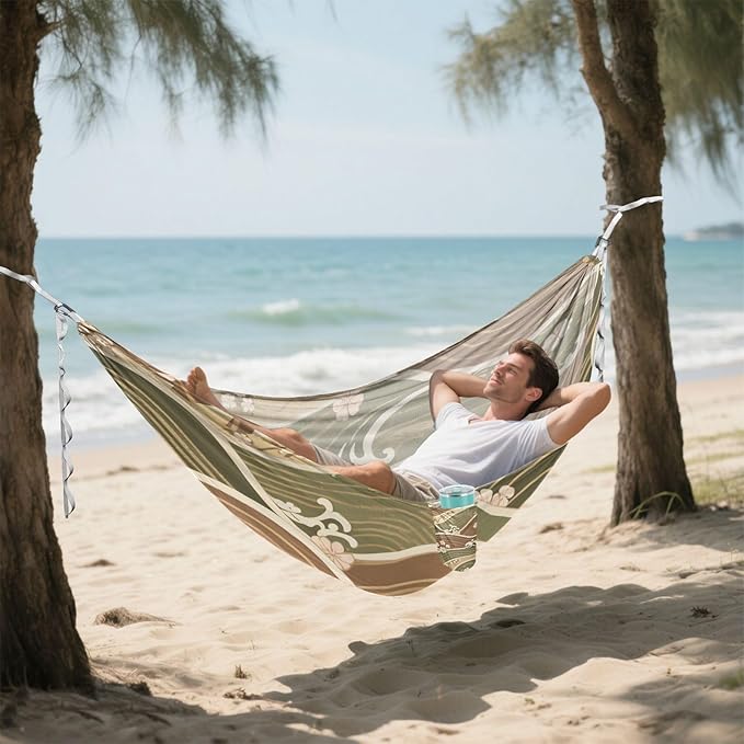 Brownish Green Japanese Retro Pattern 330lb Capacity Camping Hammock Hanging Hammock for Camping & Hiking Essential Silla colgante para Patio Exterior