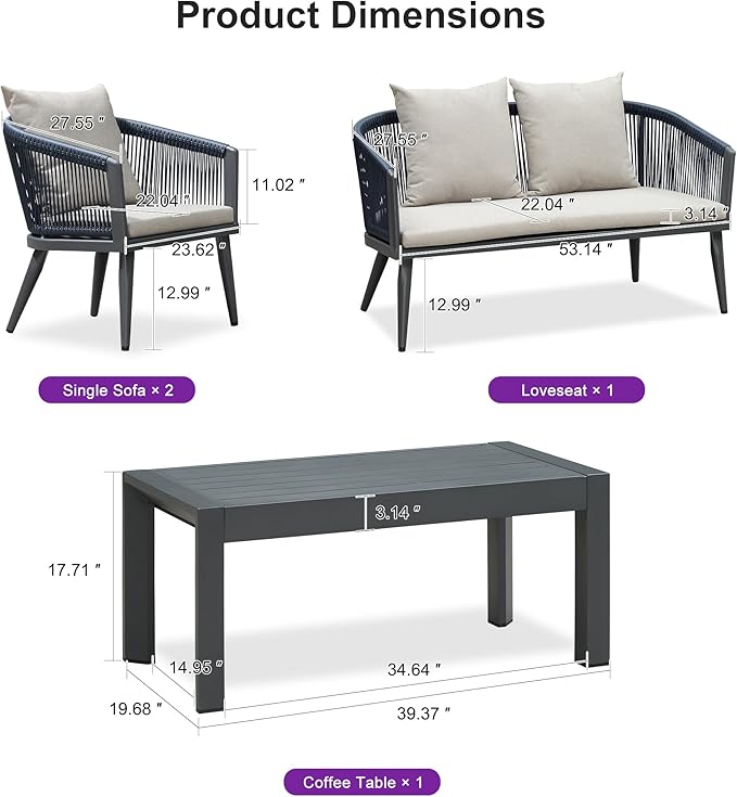 PURPLE LEAF 4-Piece Wicker Patio Conversation Set Aluminum Rattan Sofa Patio Furniture Set with Cushions and Coffee Table for Garden Backyard Grey