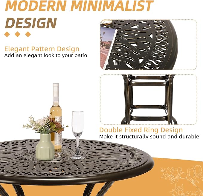 Cast Aluminum Patio Bar Table, 35.4" Outdoor Bar Height Bistro Table with 2" Umbrella Hole, Patio Bistro Round High Top Dining Table Pub Table for Porch Balcony Backyard, Dark Bronze