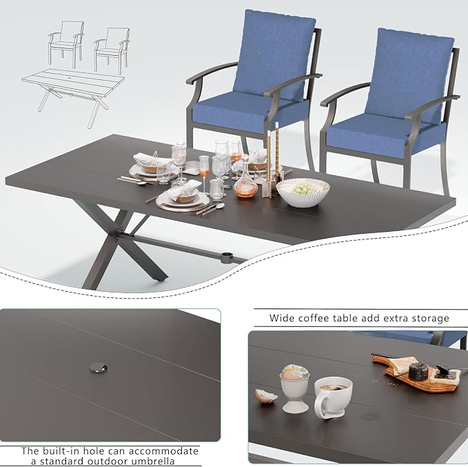 7 Piece Outdoor Dining Set for 6, Metal Patio Table and Chairs with Cushions, Patio Furniture Set with 2 Swivel Chairs, Rectangular Patio Dining Table with Umbrella Hole, Lawn Deck, Yard, Navy