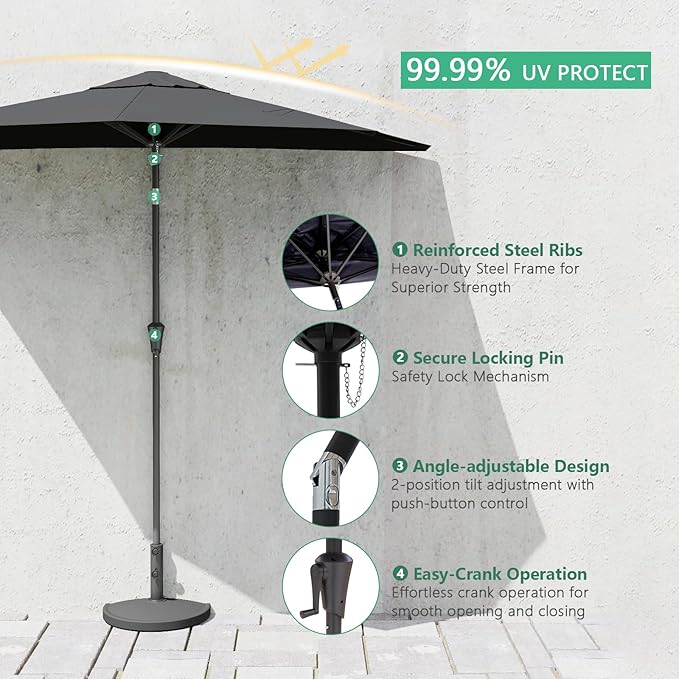 Helios&Hestia 9 ft Small Half Round Wall Outdoor Market Patio Umbrella with Tilt and Crank for Garden, Deck, Balcony
