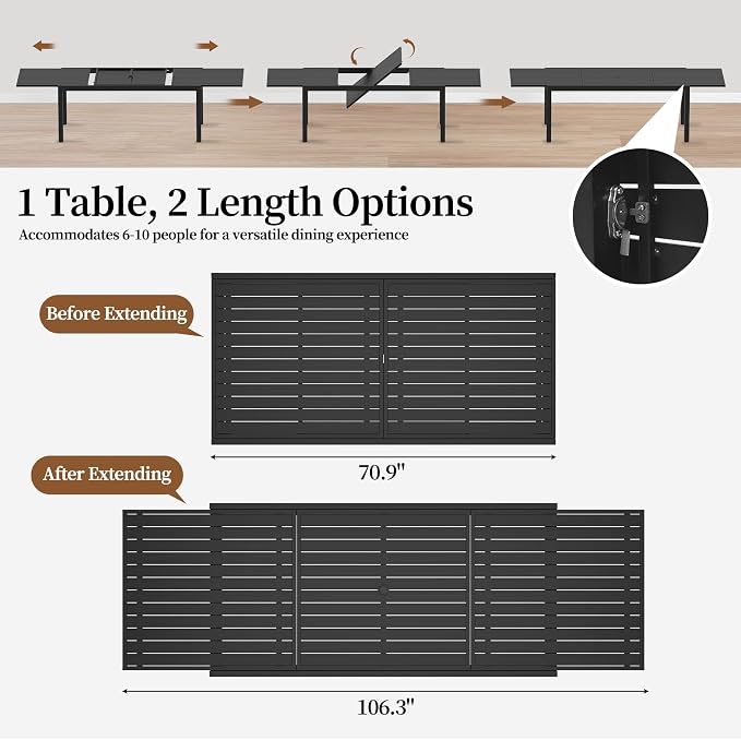 PIZZELLO 7 Pieces Outdoor Dining Set, 106" Extendable Aluminum Patio Dining Table w/ 6Pcs HDPE Patio Chairs, All Weather Outdoor Table and Chairs Sets for Backyard, Garden and Deck