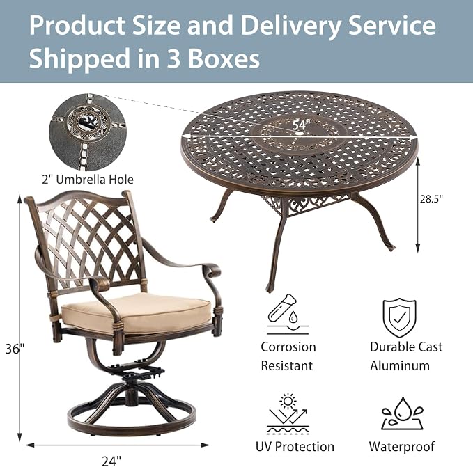 5-Pcs Cast Aluminum Patio Dining Set with 4 Swivel Chairs,Bronze | Outdoor Furniture Set Include 54" Round Dining Table and 4 Swivel Chairs with Cushions & Umbrella Hole