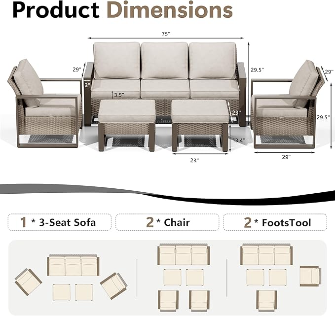 Outdoor Patio Furniture Set, 5 Piece Wicker Patio Conversation with Deep Seating, Thicken Cushions, Outdoor Club Chair, Metal Outdoor Furniture for Deck, Porch, Yard Use (Beige, 5 PCS/Chairs)