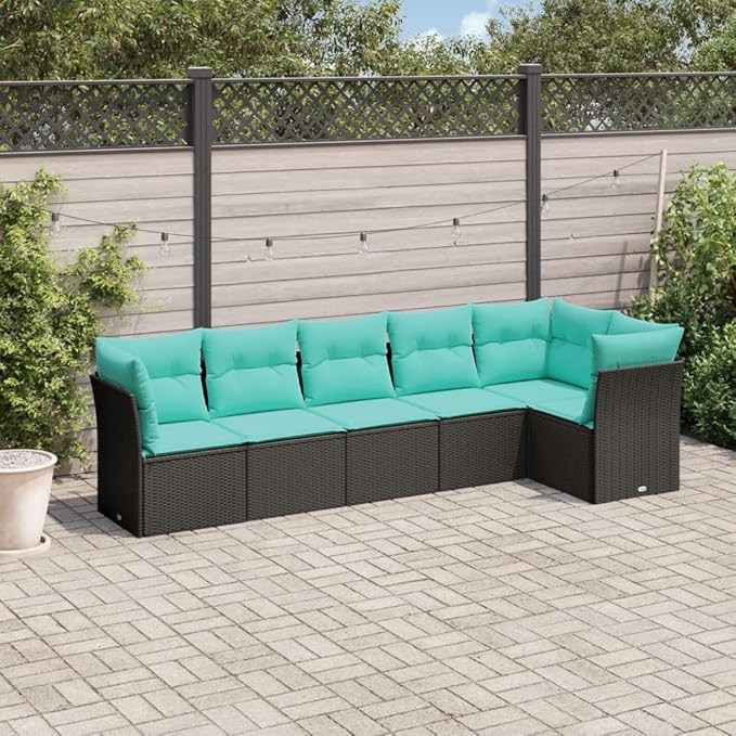 6 Piece Patio Sofa Set with Cushions, Garden Lounge Set Front Porch Furniture Patio Conversation Set Outdoor Sofa Sets for Garden Negotiation Area Exhibition Poolside Black Poly Rattan