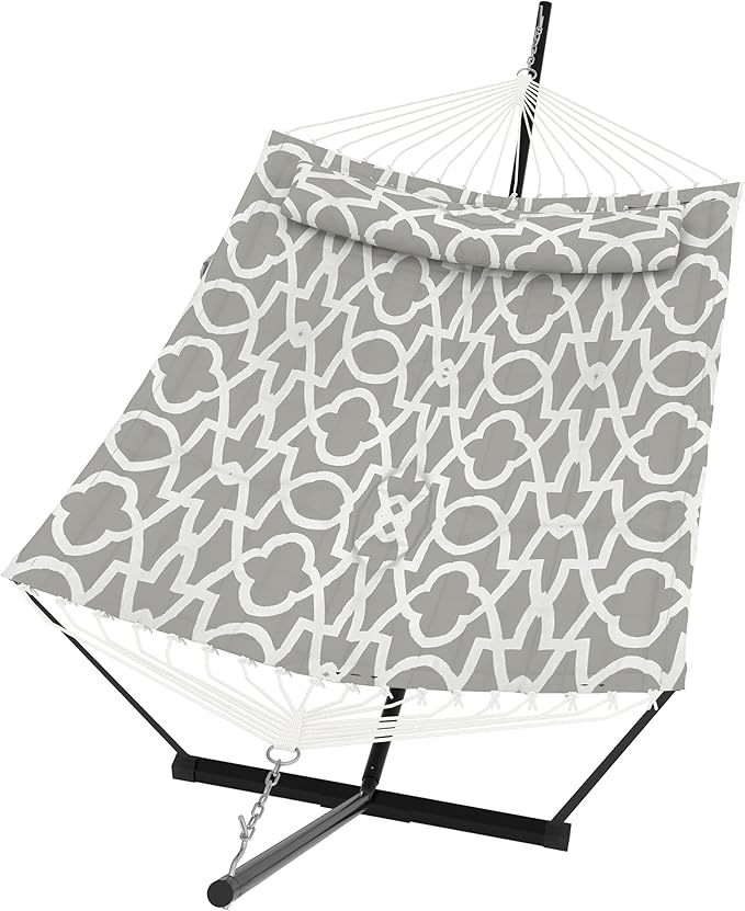 2 Person Double Hammock with Stand & Pillow, 450 LBS Heavy Duty Outdoor Hammock with Balance Rope for Patio Backyard Poolside