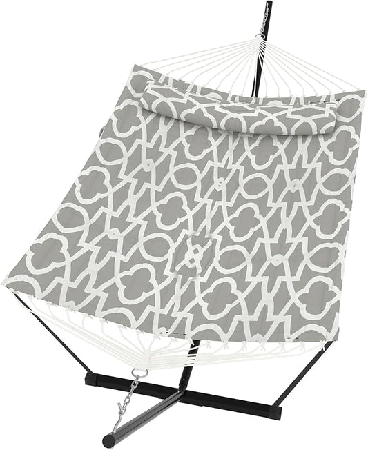 GarveeLife 2 Person Double Hammock with Stand and Pillow - 450 Lbs Capacity Heavy Duty Hammock with Balance Rope, Large Outdoor Hammock for Patio Backyard Poolside