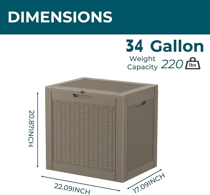 DRATO 34 Gallon Deck Boxes Resin Outdoor Storage Box UV Resistant Outside Deck Box with Lockable Lid for Patio Furniture (Grey, 34 Gallon)
