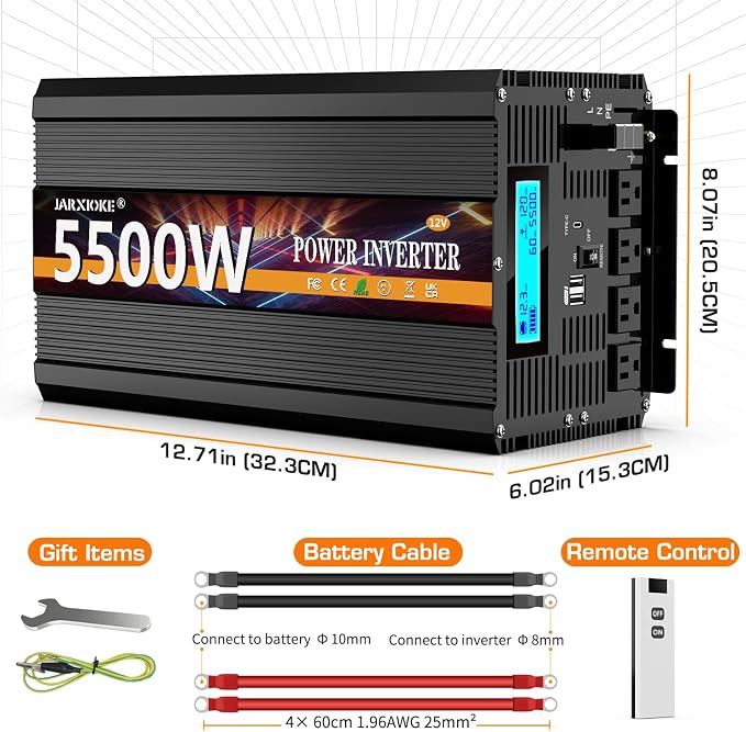 5500 Watt Power Inverter 12V DC to 110V 120V Converter for Family RV Off Grid Solar System Car with Type-C Ports 3 AC Power Outlets Dual USB Ports LCD Display Wireless Remote Control