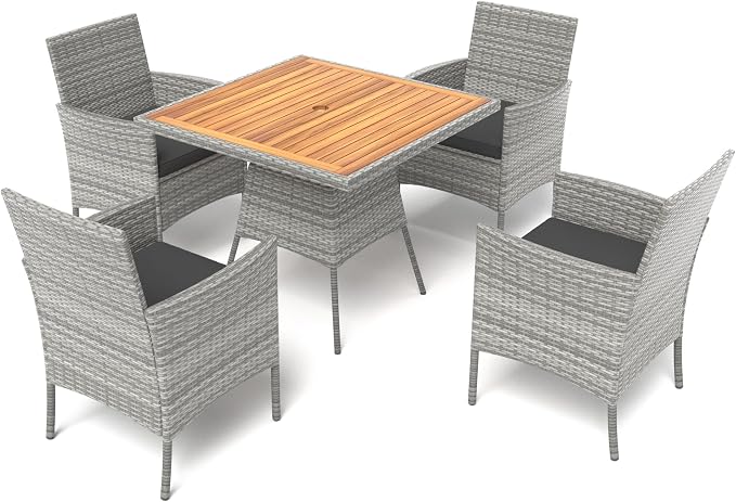 Tangkula 5 Pieces PE Wicker Patio Dining Set, Outdoor Acacia Wood Table and Chairs with Cushions and 1.97" Umbrella Hole, for Deck, Garden and Backyard (Black)