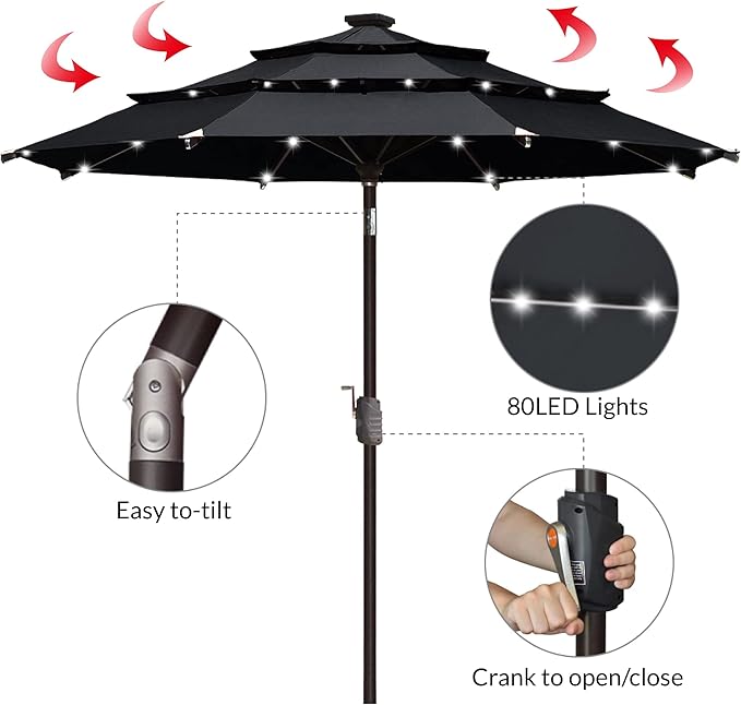 EliteShade USA 10-Year-Non-Fading 9ft 3-Tier Market Patio Umbrella, Commercial Table Umbrella with 80 Solar LED Lights, Crank Open, Windproof & UPF 50+ UV Protection for Garden, Deck, Pool, Backyard, Black