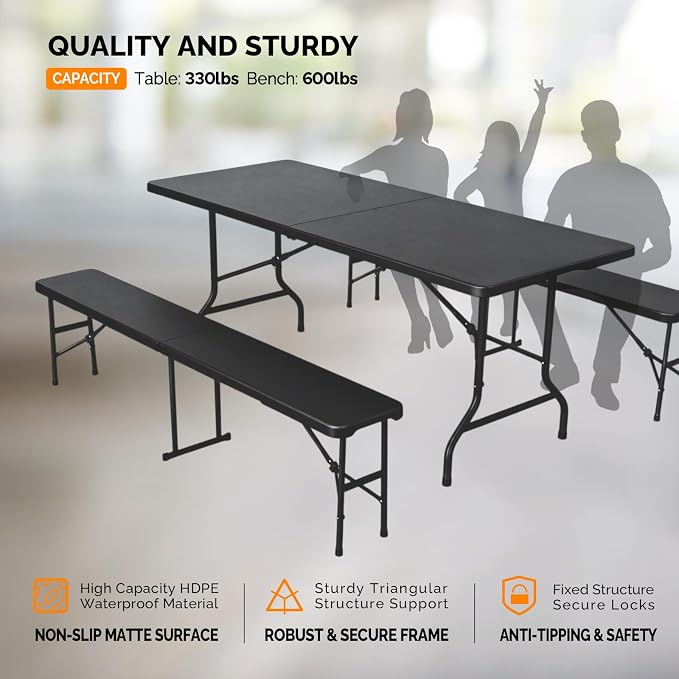 VINGLI Picnic Table Set with 2 Benches, 6 Feet Camping Table Chair Set, 3-Piece Folding Furniture for Indoor or Outdoor Use, Tree Patterned HDPE Tabletop, Black