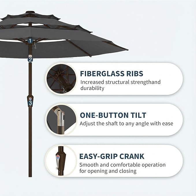 PatioKingdom 9ft 3-Tier Patio Market Umbrella with Crank/Tilt, Commercial Heavy Duty Wind Proof,Outdoor Table Umbrella with 8 Fiberglass Ribs,UPF50+ for Deck,Pool,Garden,Backyard (Gray)