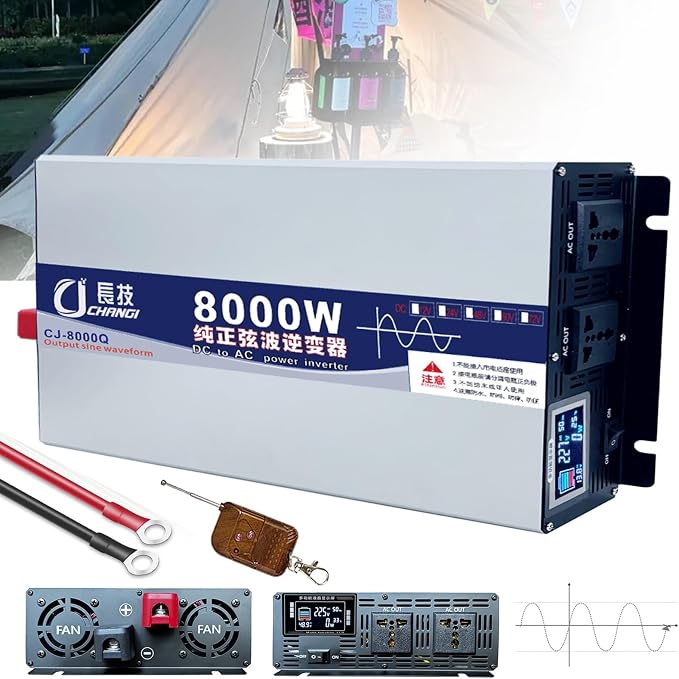 Pure Sine Wave Inverter 3500W/5000W/6000W/8000W/10000W/12000W Solar Power Inverter 12V 24V 48V 60V 72V DC to 110V 120V/220V 230V 240V AC Car Voltage Converter Transformer for Home RV(8000W,12Vto220V)