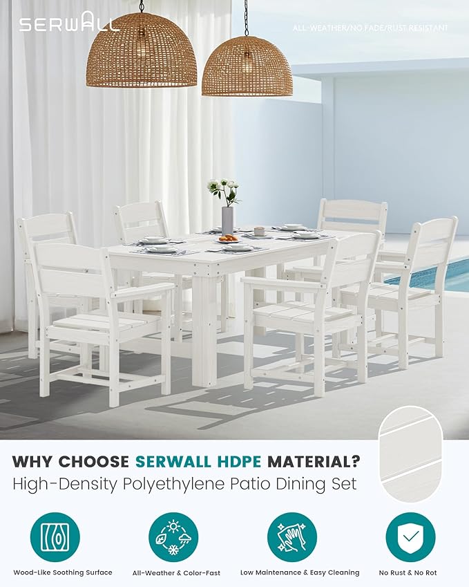 SERWALL Outdoor Dining Table Set, 67‘’ HDPE Patio Dining Set for 4, All-Weather Outdoor Table and Chairs Set for Deck, White