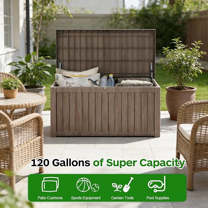 120 Gallon Outdoor Deck Boxes, IP68 Waterproof Outdoor Storage Box with Hydraulic Lid Support, Outside Resin Container for Furniture, Toy, Shoe, Garden & Patio Tools Storage -Brown
