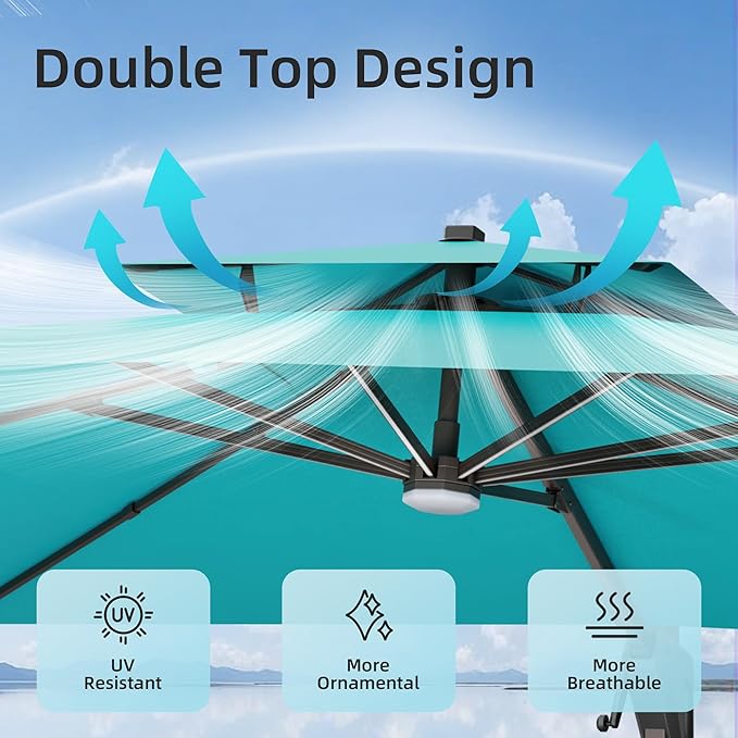 10x13 FT Patio Umbrella with LED Lights Cantilever Outdoor Large Heavy Duty Rectangle Aluminum Offset Umbrellas Double Top 360 Rotation 7 Tilt Adjustment for Pool Deck Garden, Turquoise