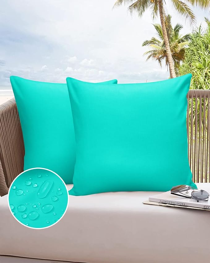 Outdoor Waterproof Throw Pillow Covers Set of 2 Teal Green Pattern Pillowcases 26x26 Inches Pure Colour Patio Decorative Pillows Cushion Case Patio Pillows for Couch Bed Chair Garden