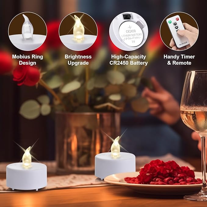 12pack Remote Control LED Tea Lights Battery Operated Flameless Candles Realistic and Bright Flickering Long Lasting 400 Hours Electric Candles for Christmas Home Party Wedding Decor (White)