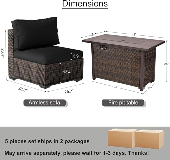 Patio Furniture Set with Fire Pit Table, Outdoor Sectional Rattan Sofa Set, Patio Set Seating Furniture with Thickened Cushions (Black, 9 Pieces)