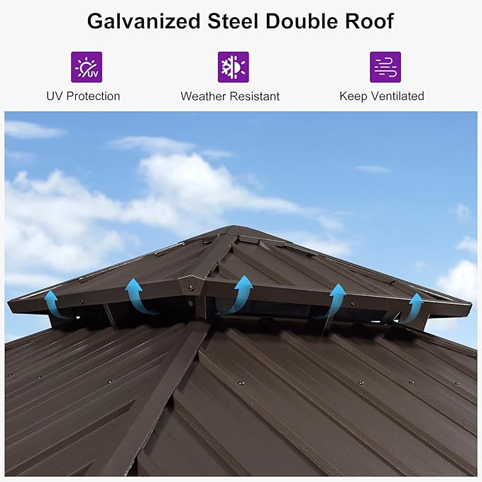 PURPLE LEAF 10’ X 10’ Outdoor Hardtop Gazebo Metal Frame Galvanized Steel Double Roof with Curtains and Nettings for Patio Desk Backyard Bronze