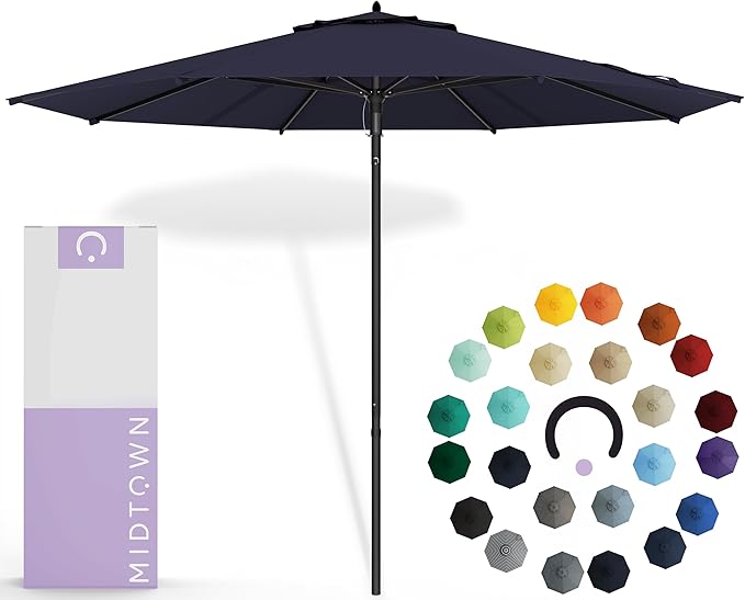 Midtown Umbrellas Push & Pop 10 Ft Patio Umbrellas with Push & Pop Mechanism, Fiberglass Ribs & Sunbrella Fabric – Outdoor Umbrella for Deck, Pool, Cafés and Hotels – Canvas Navy Canopy, Black Pole