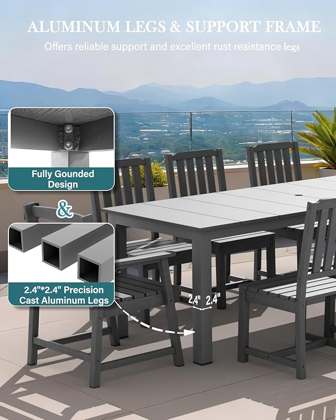 LOUNZY 9 Pieces Patio Dining Sets, Outdoor HDPE Furniture Set for 8 w/ 2" Hole Cut-Out Dining Table with 8 Patio Chairs(2 W/Armrest, 6 w/o Armrest), Gray
