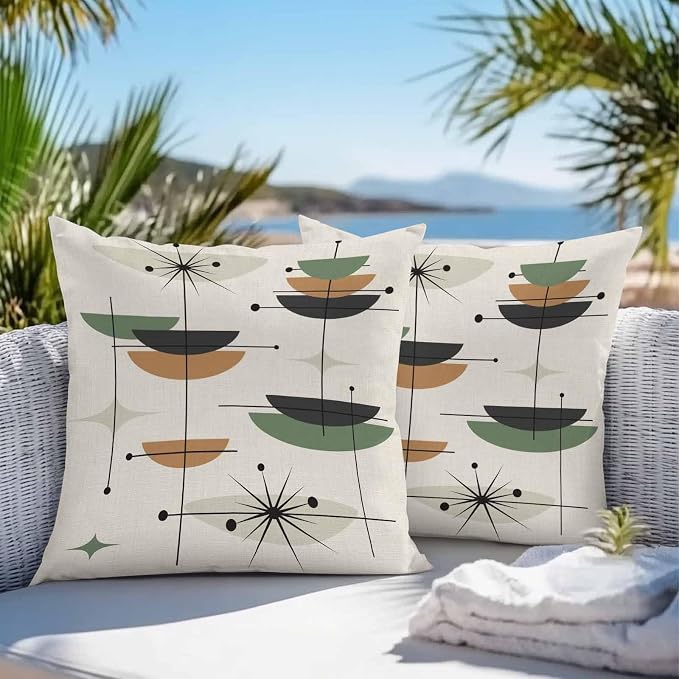 Vandarllin Outdoor Throw Pillows Covers 26x26 inch Set of 2 Waterproof Boho Mid Century Decorative Zippered Cushion Covers for Patio Furniture, Green Orange Geometric Abstract Lumbar Pillowcases
