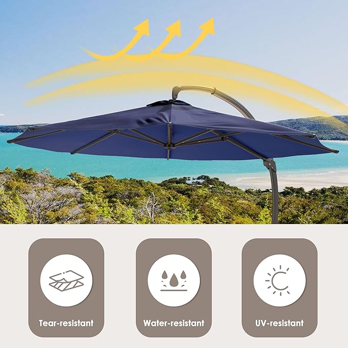 ENSTVER 11FT Solar Powered LED Light Cantilever Patio Umbrella With Base Included, Round Large Aluminum Outdoor Cantilever, Heavy Duty Offset Umbrella with 360°Rotation for Pool, Deck, Backyard