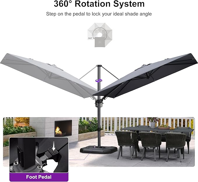 PURPLE LEAF 6.5' X 10' Left-right Tilt Patio Umbrella with Base Outdoor Cantilever Swivel Rectangle Umbrella Offset Umbrella with 360-degree Rotation for Garden Deck Pool Patio Light Grey