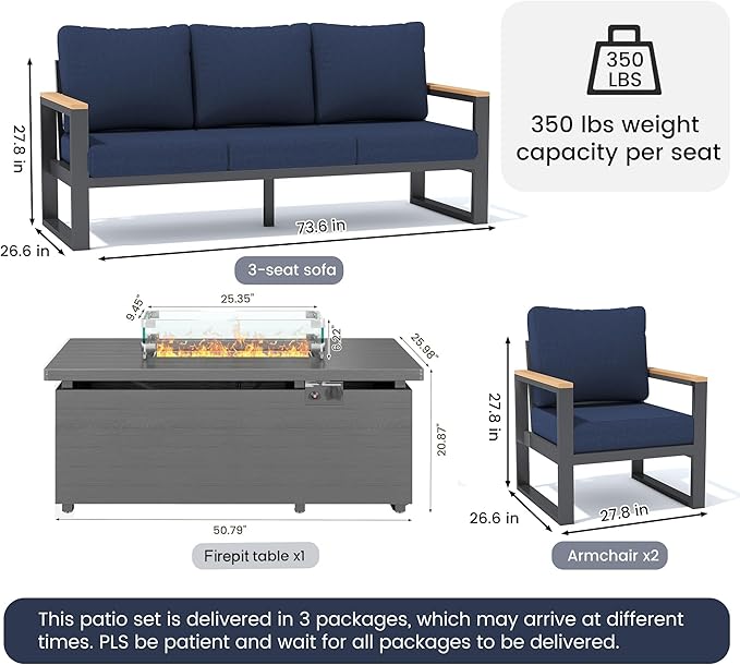 Sundale Outdoor Aluminum Patio Furniture Set, 4 Piece Outdoor Conversation Sets with Fire Pit and 6" Thick Olefin Cushions, All Weather Outdoor Sectional Set for Deck, Lawn, Yard (Navy Blue)