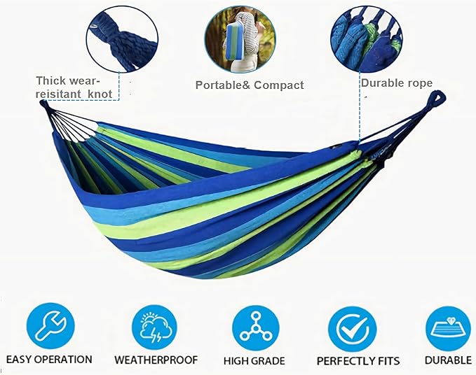 KNC Garden Fabric Camping Hammock with Tree Straps for Hanging Durable Hammock Up to 550lbs,2 Person , Portable Hammock with Travel Bag,Perfect for Camping OutdoorIndoor Patio Backyard, Blue