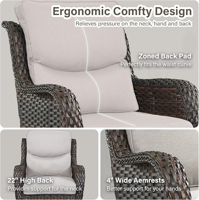 Outdoor Swivel Rocker Patio Chairs Set of 4 with Side Table - 5" Thick Cushion 6 Piece Furniture Set All Weather Comfortable Wicker Conversation Set for Porch Poolside and Deck - Brown/Beige