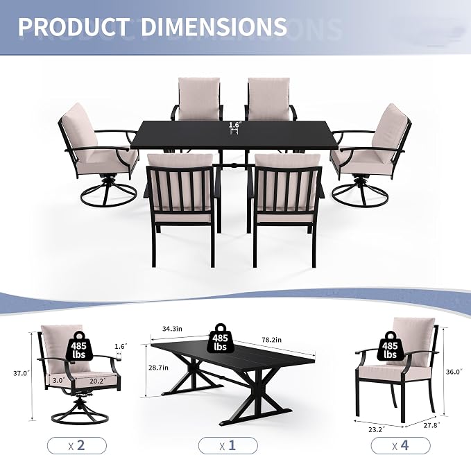 Kullavik 7 Pieces Outdoor Dining Set,Patio Dining Table and Chairs Set for 6,Fence Pattern Back Chairs with Thickened Cushions & X-Frame Metal Dining Table with Umbrella Hole for Patio,Sand